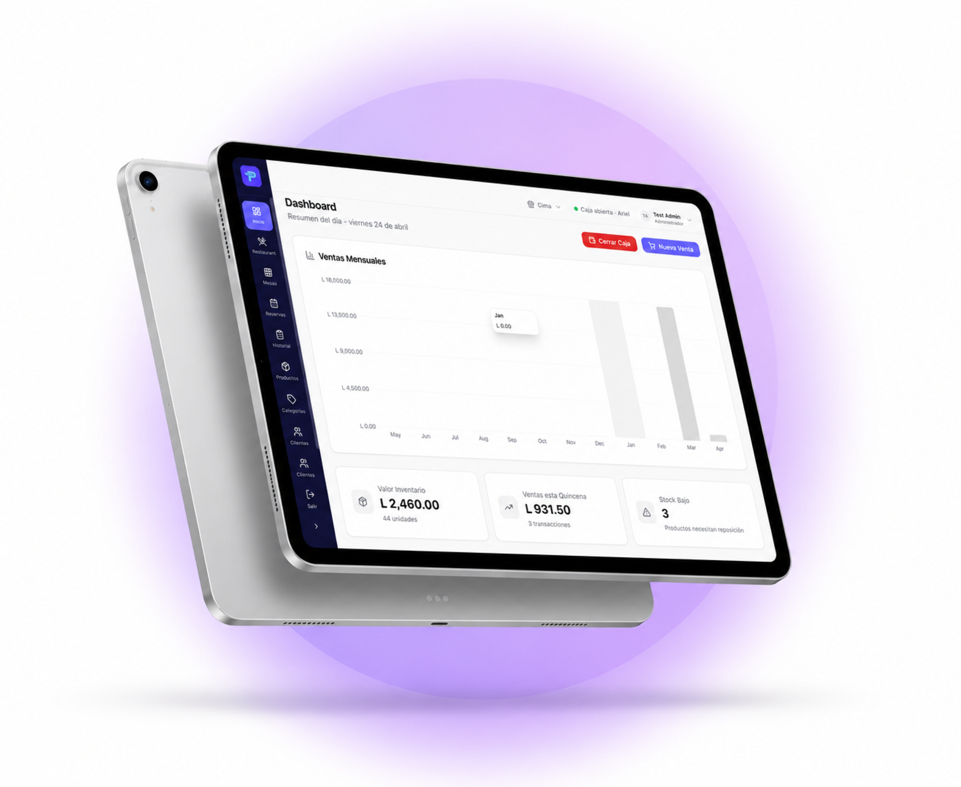 Sistema POS iOPOS en tablet mostrando ventas e inventario para negocios en Honduras