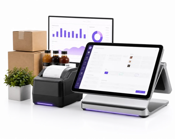 Equipo de punto de venta iOPOS con terminal, impresora y reportes