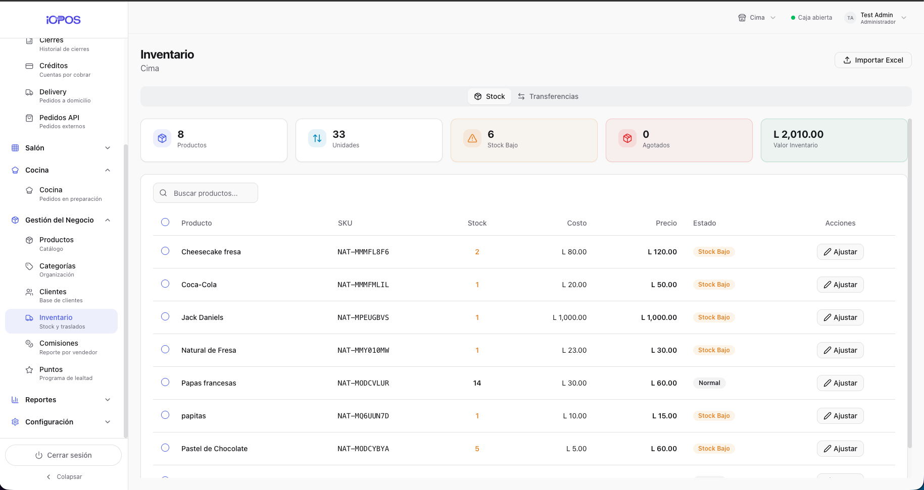 Pantalla de inventario de iOPOS con stock por producto
