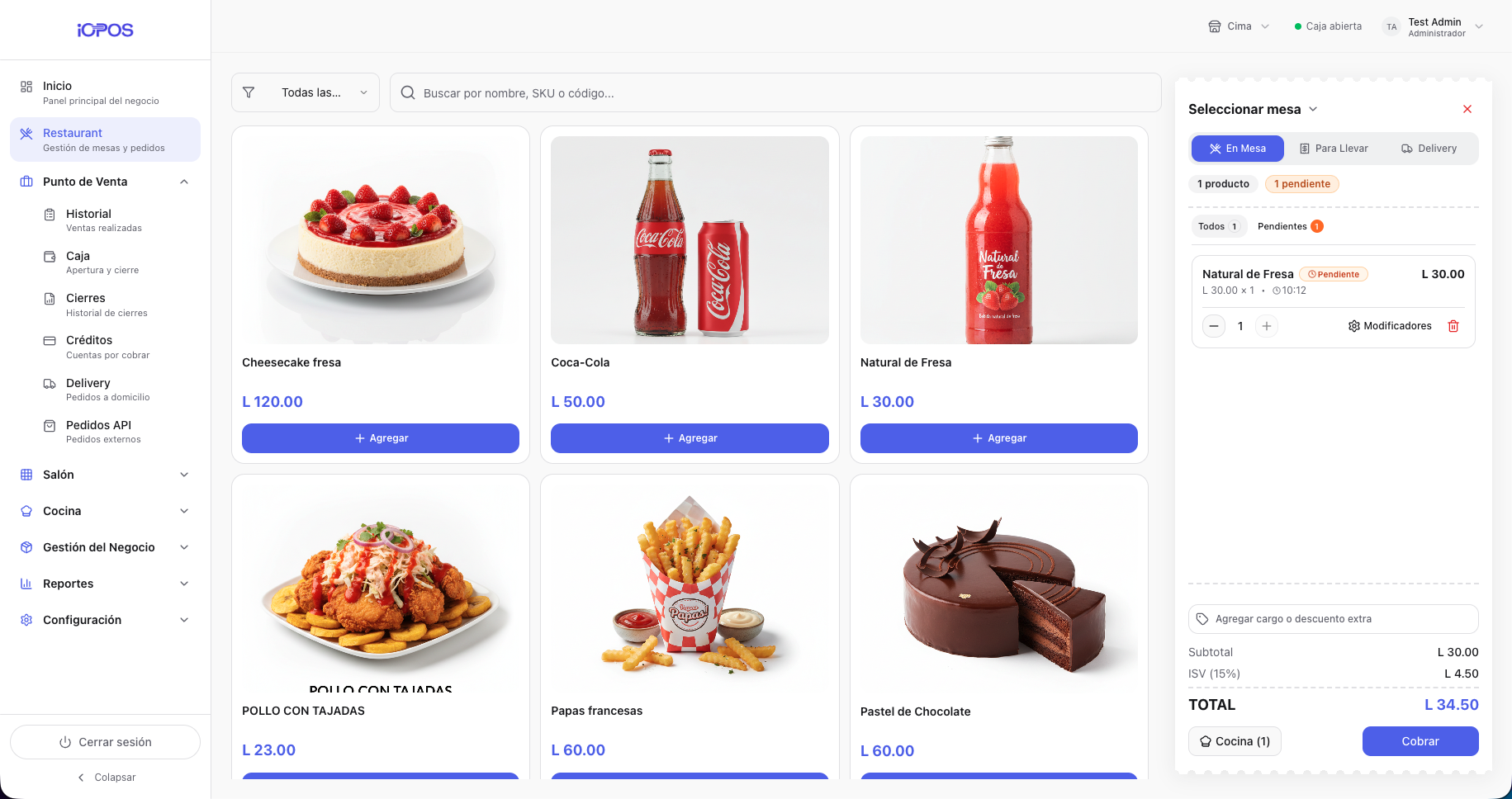Pantalla de punto de venta de iOPOS con productos y carrito